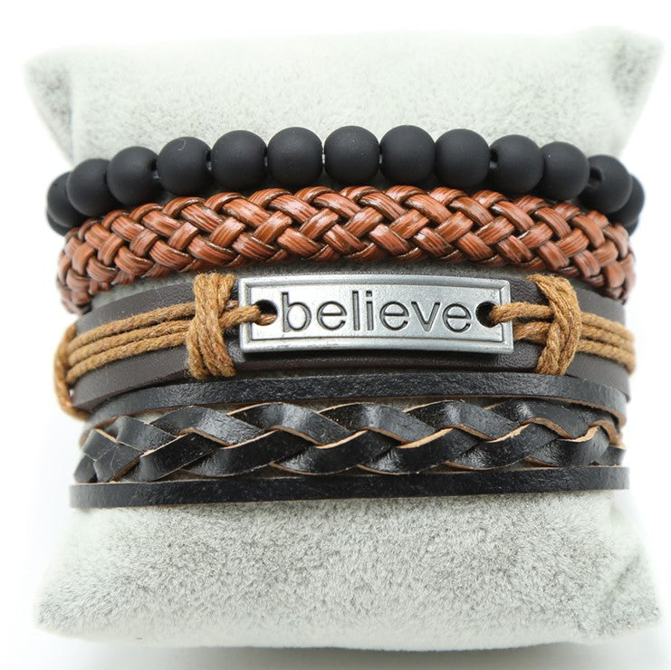 Black wood beads with leather adjustable men's bracelet