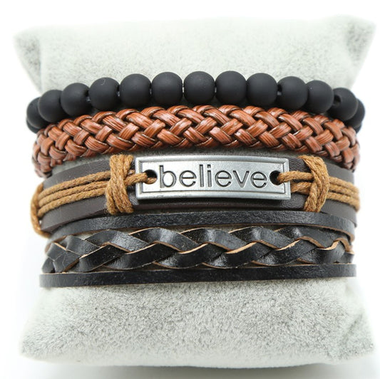 Black wood beads with leather adjustable men's bracelet