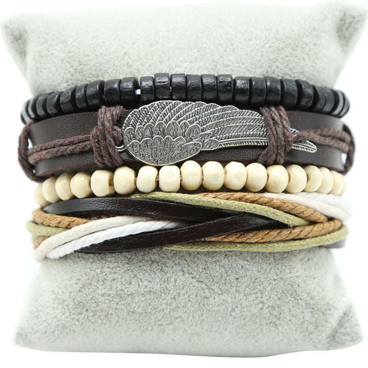 Wing beads, leather, and rope mens bracelet