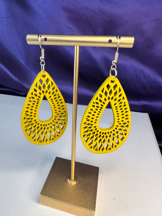 Yellow wood carved silver plated earrings