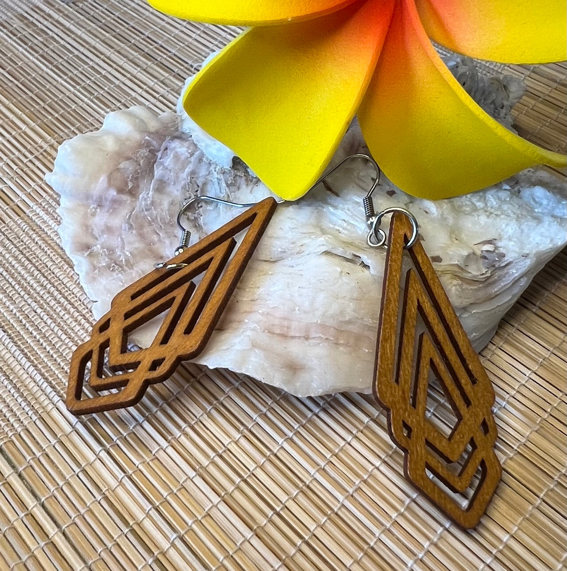 Geometric diamond wood carved earrings