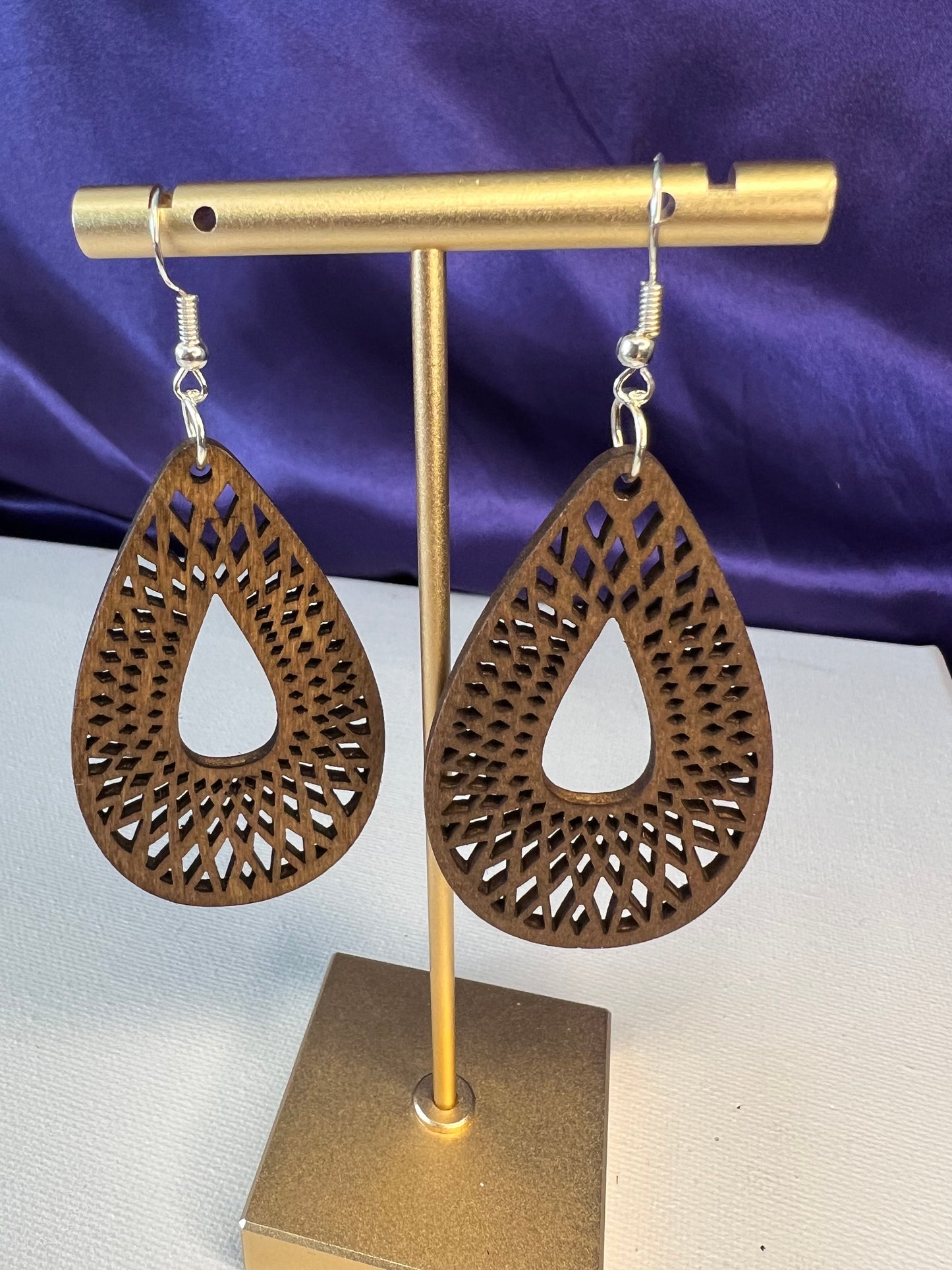 Brown wood carved silver plated earrings