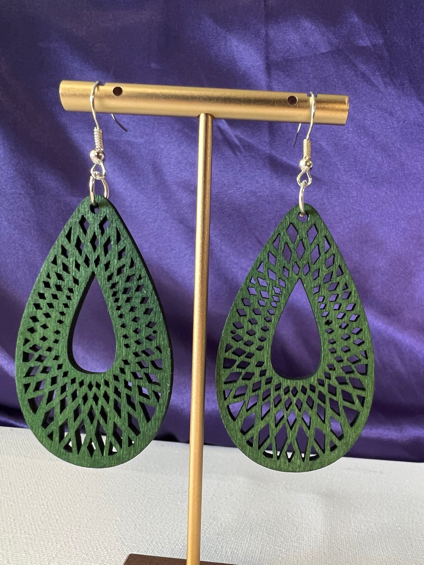 Green wood carved silver plated earrings