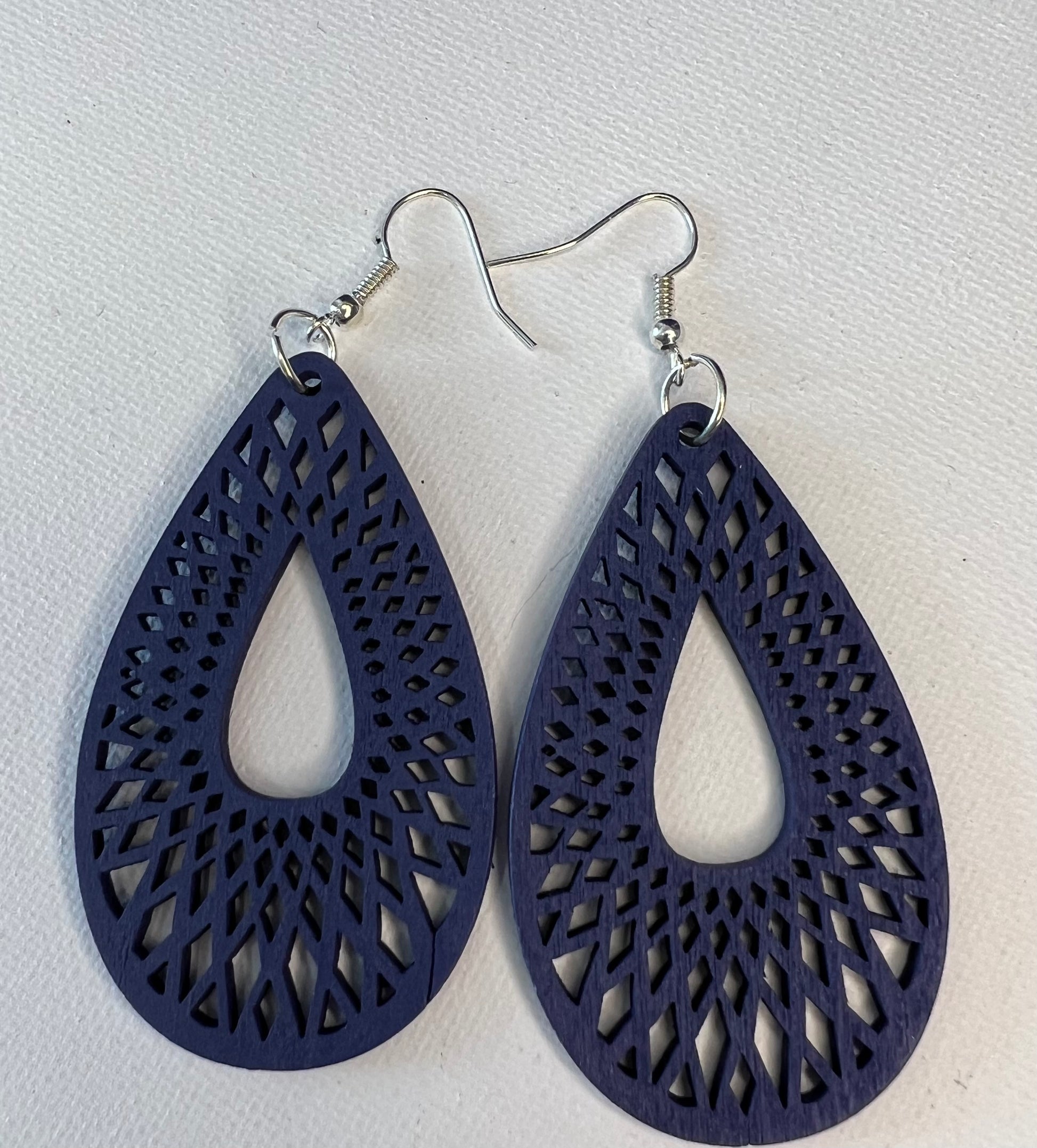 Blue wood carved silver plated earrings