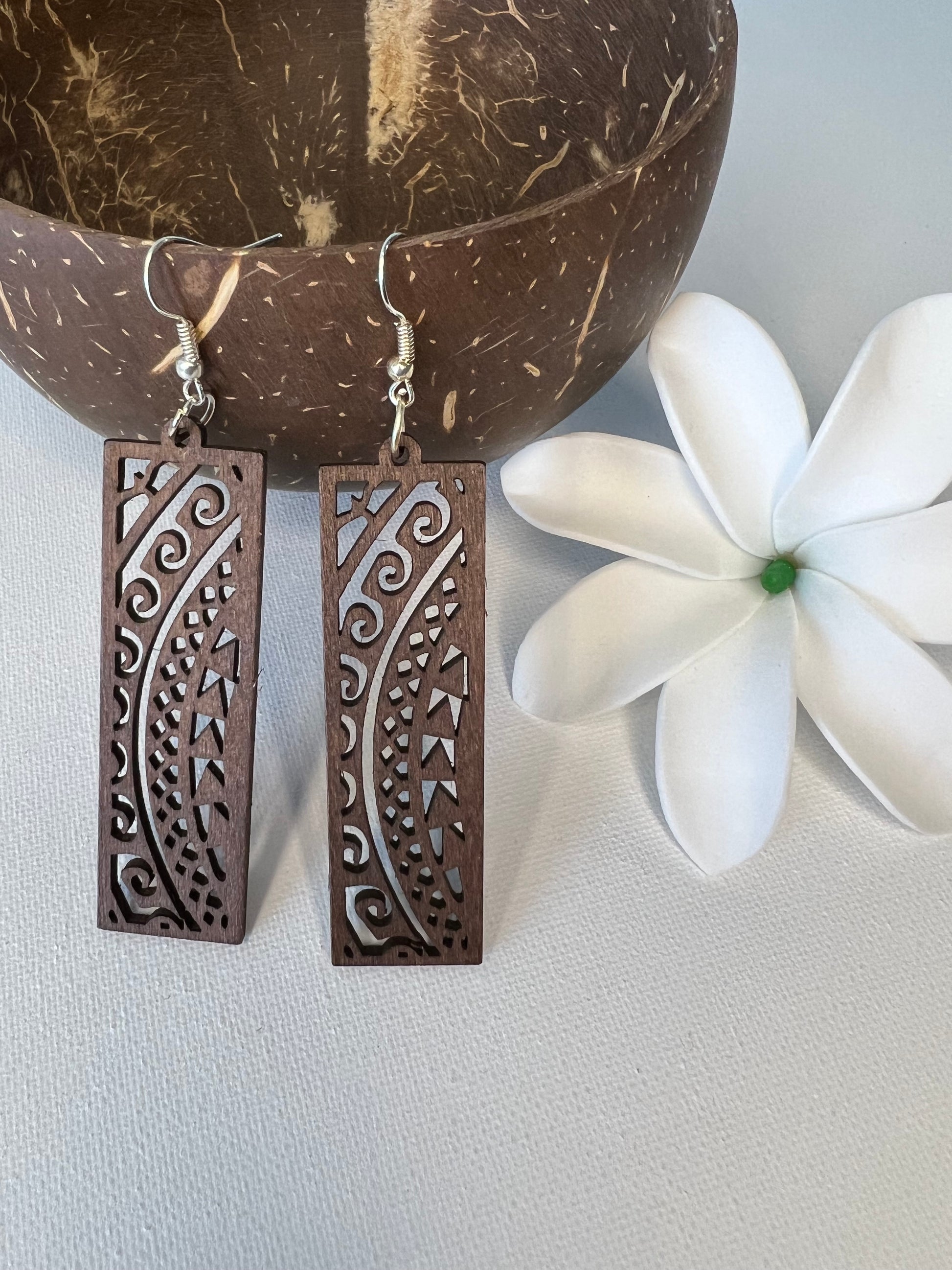 Brown wood carved Polynesian design earrings