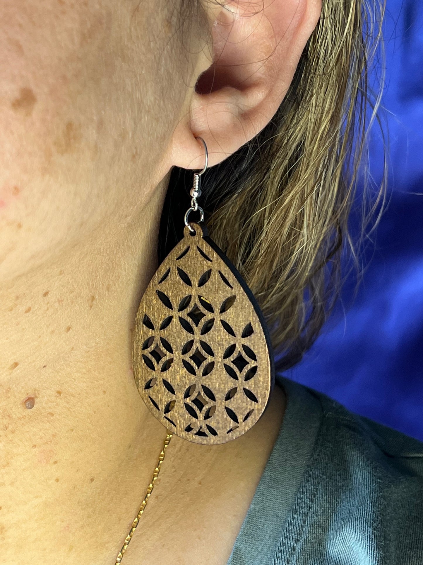 Teardrop tribal design wood earrings