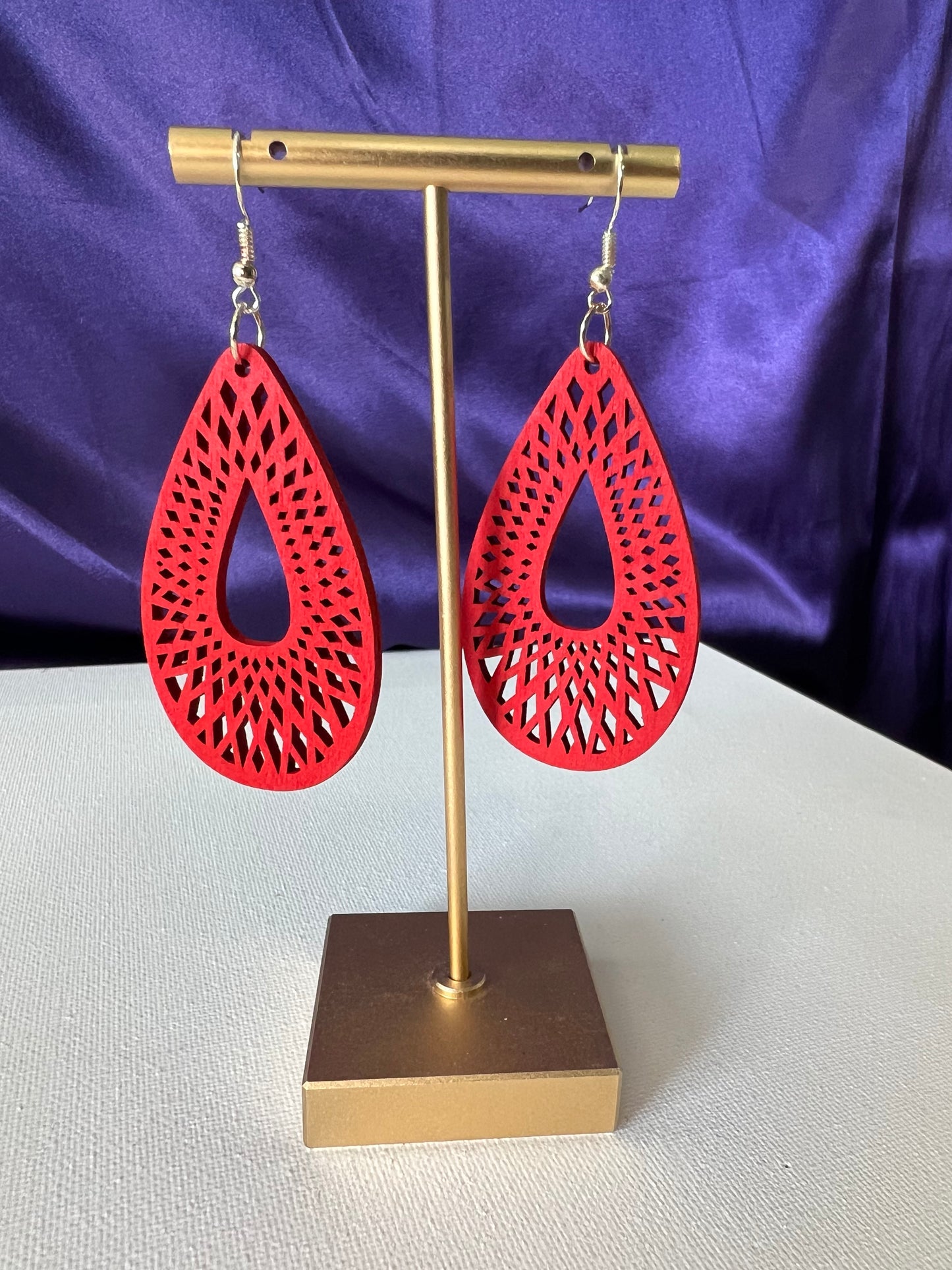 Red wood carved silver plated earrings