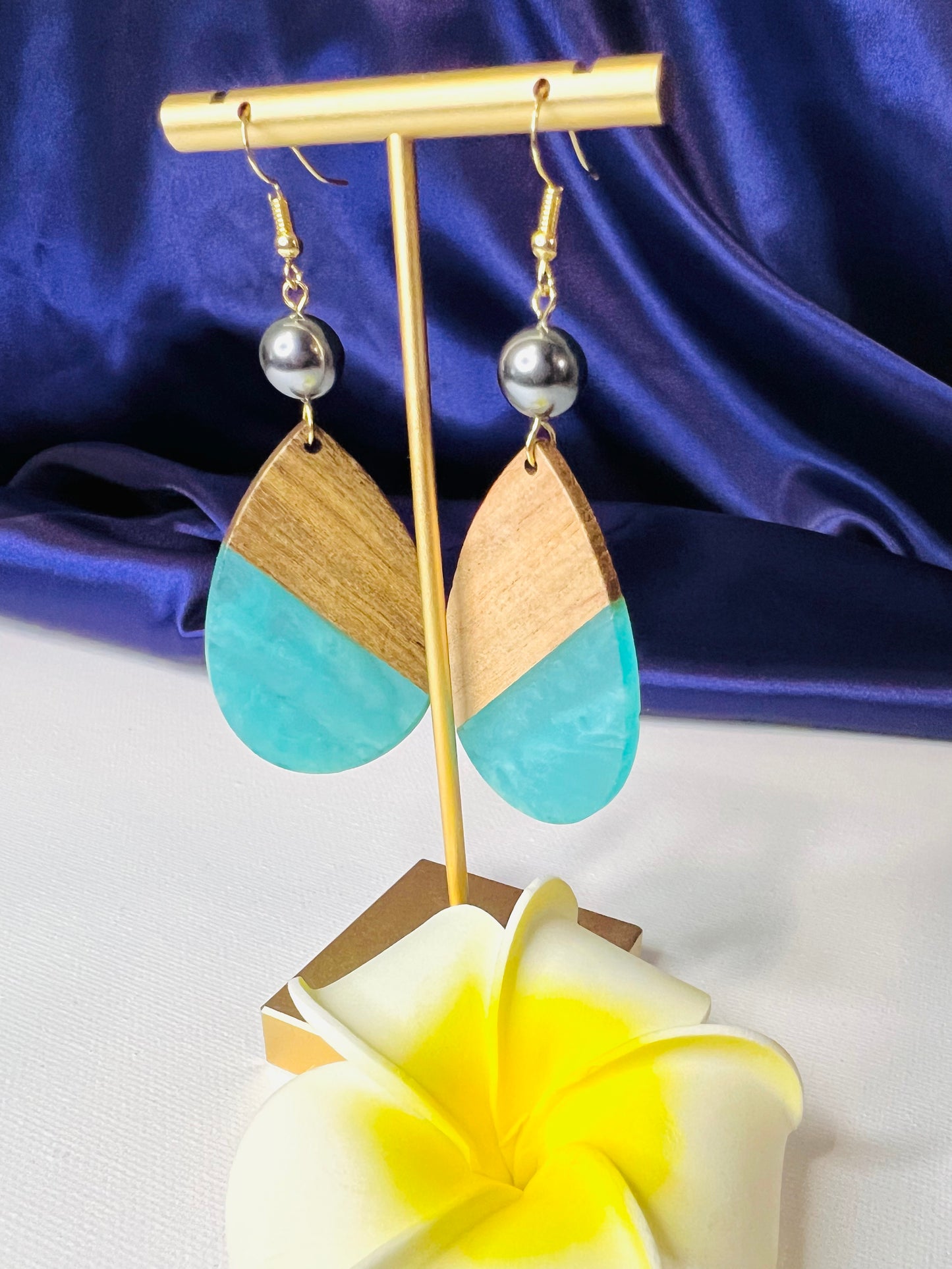 blue resin wood teardrop earring