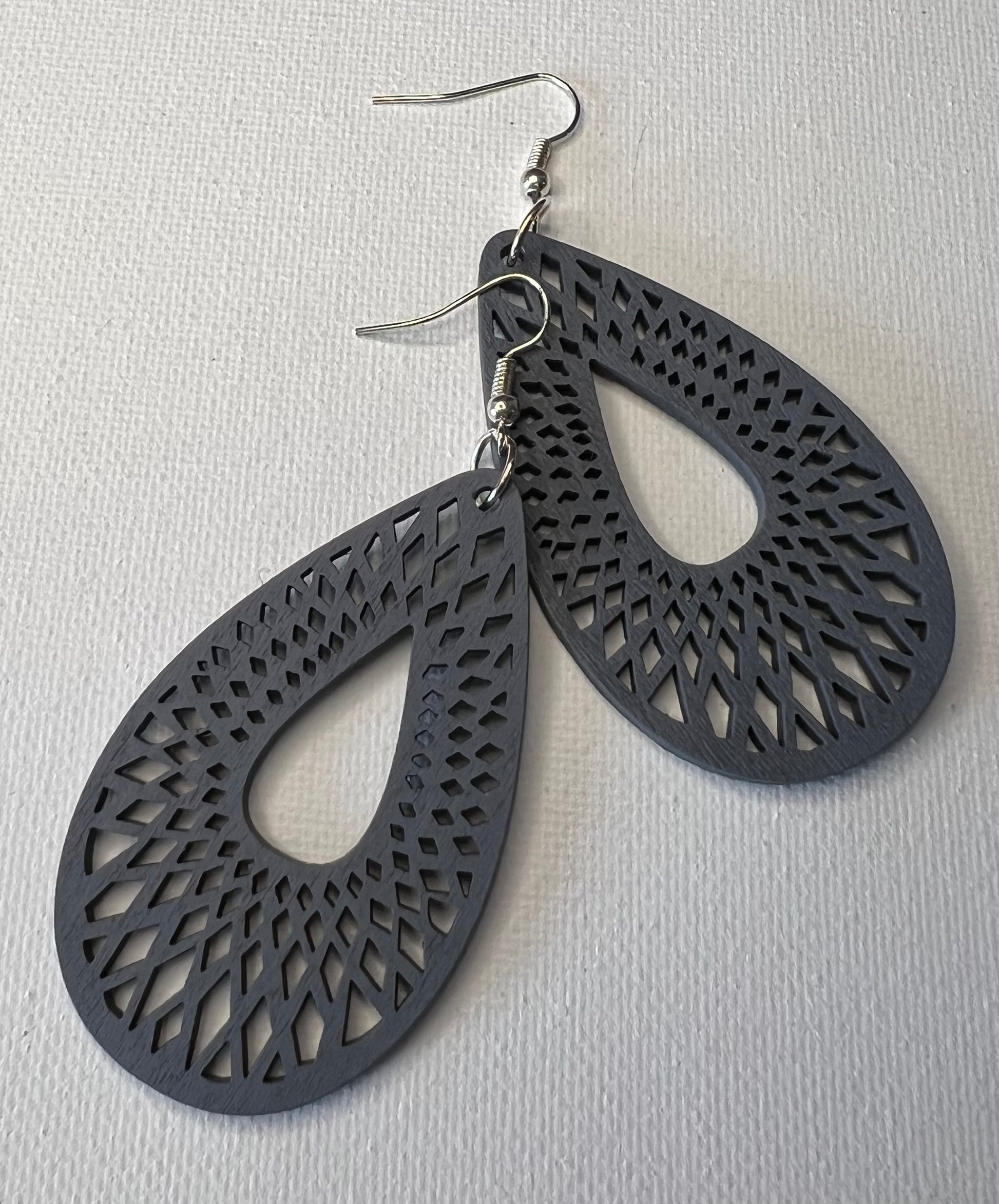 Grey wood carved silver plated earrings