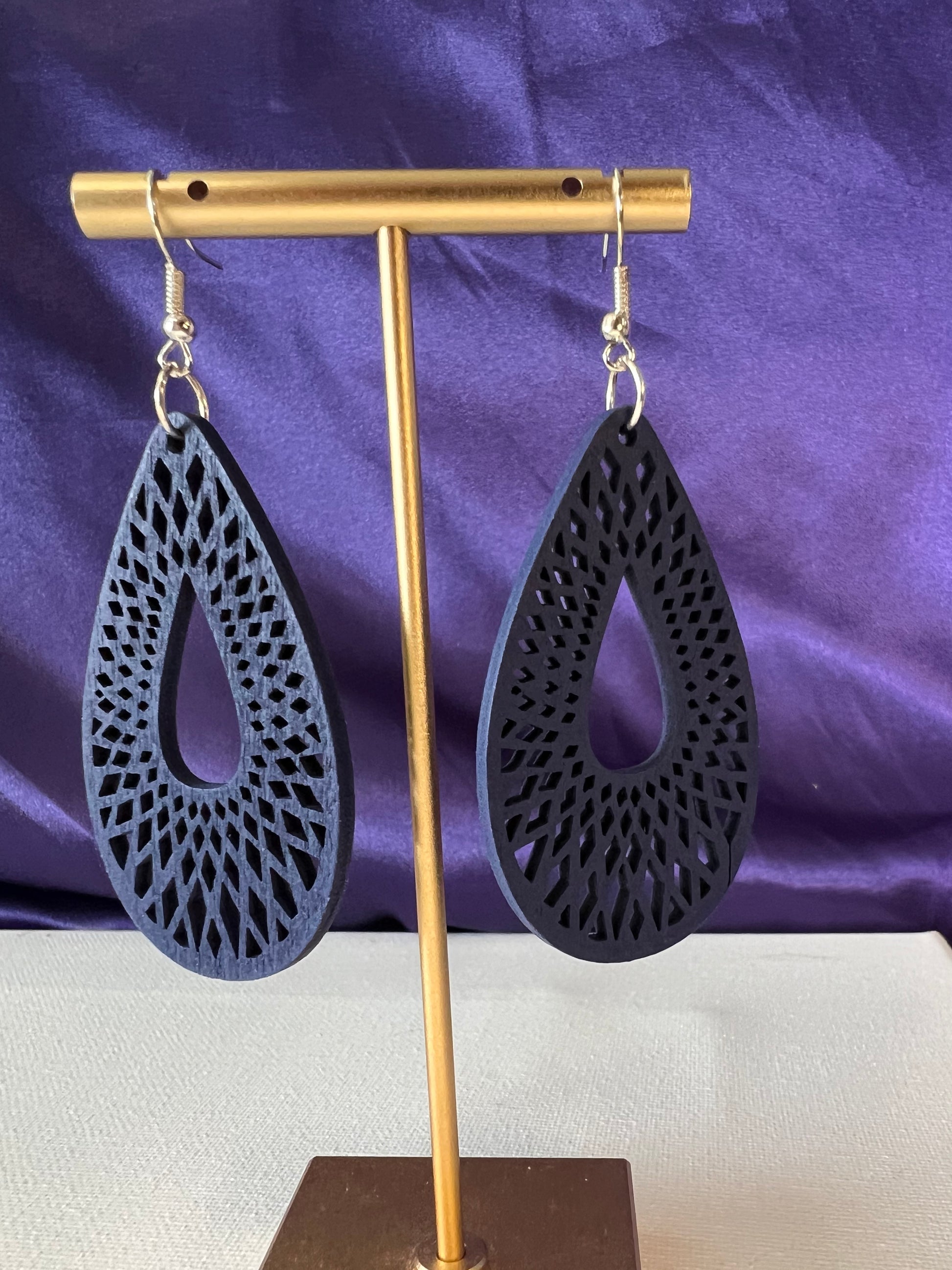 Blue wood carved silver plated earrings