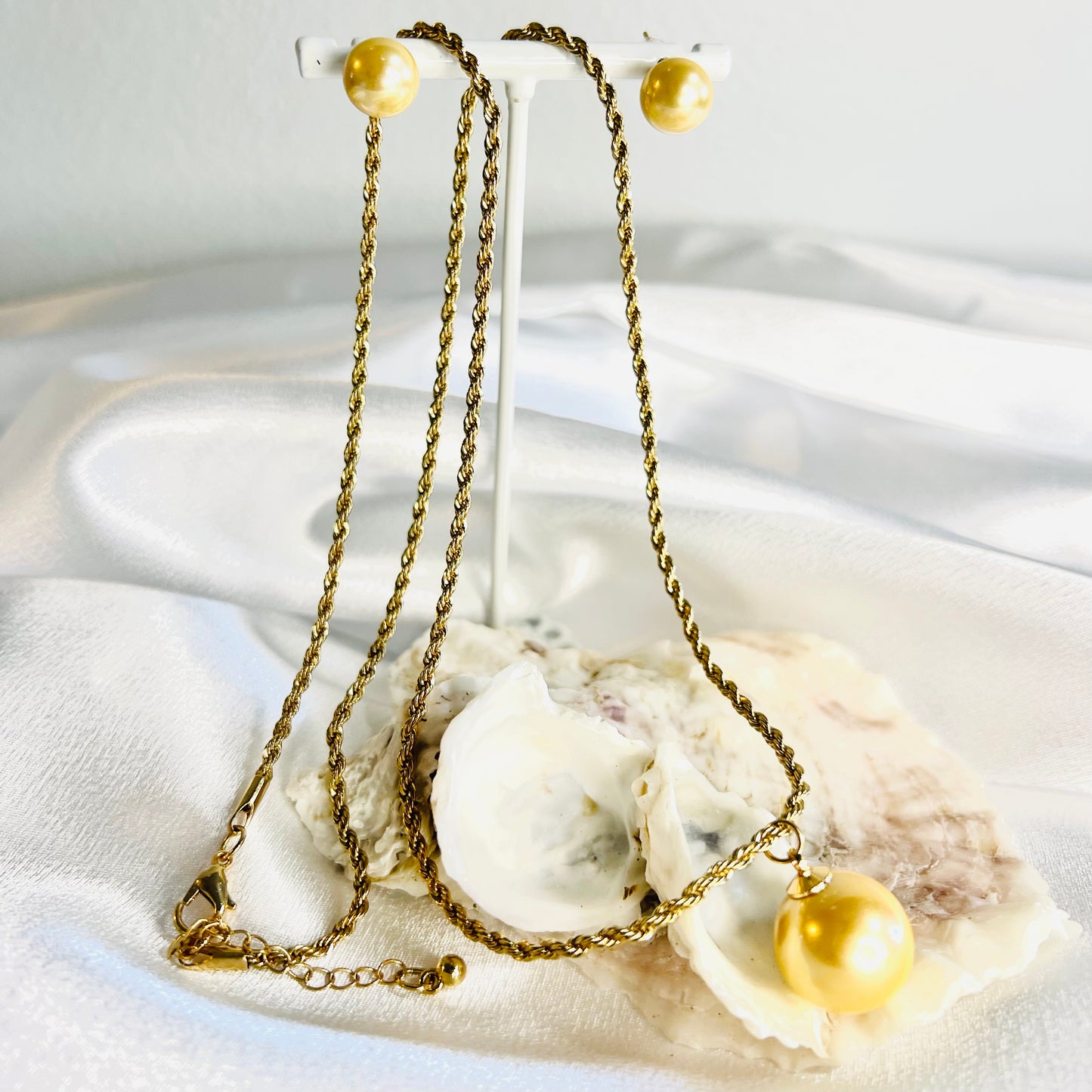 Gold Pearl Necklace and Earring Set