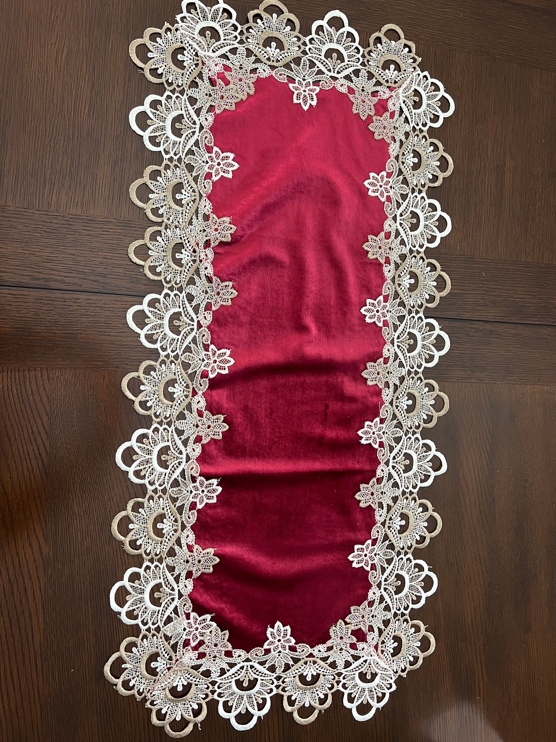 Red velvet gold lace table runner