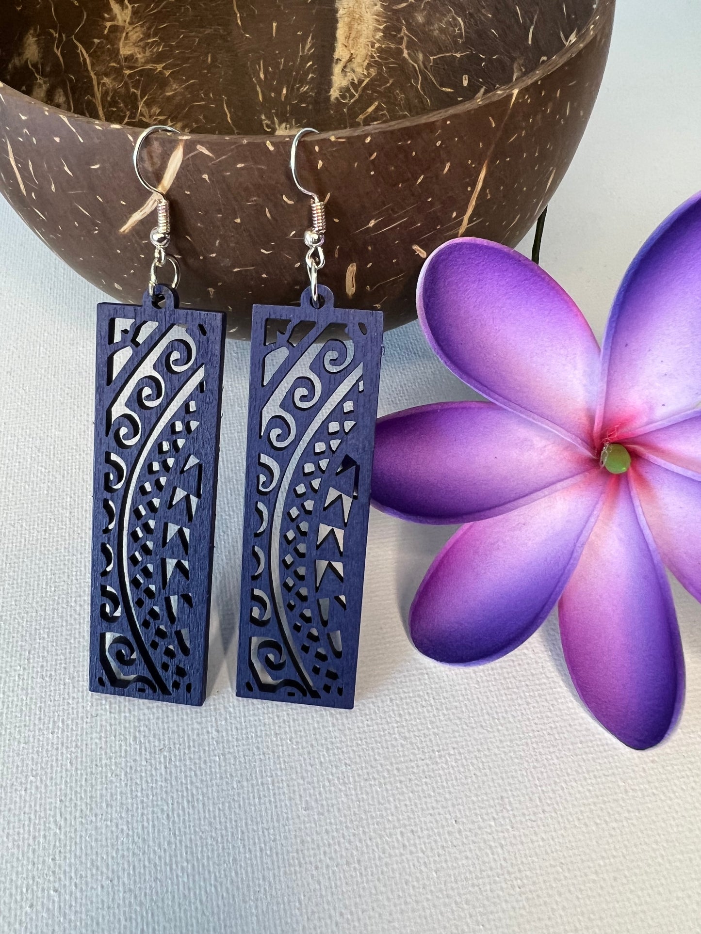 Blue wood carved Polynesian design earrings