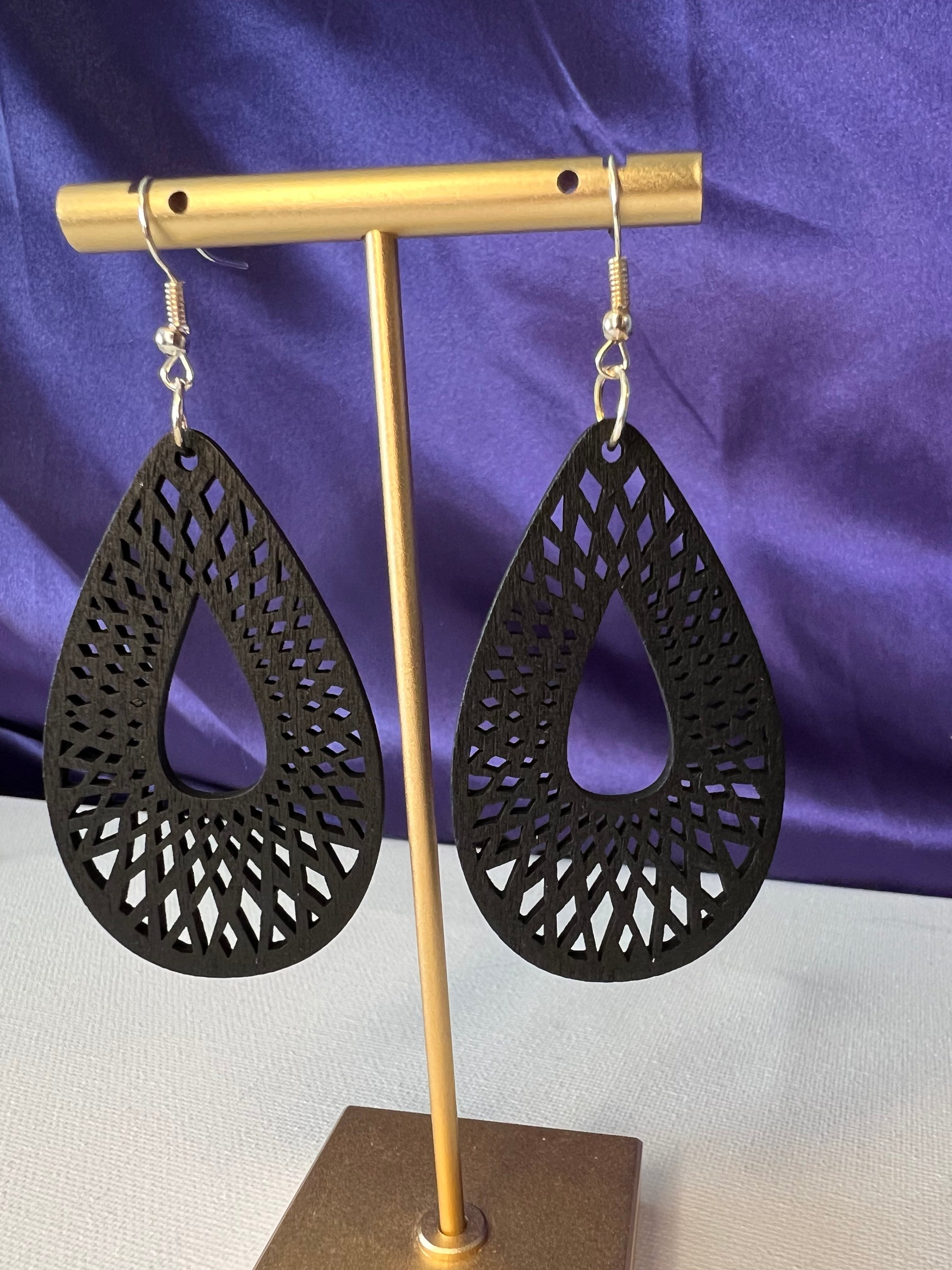 Black wood carved silver plated earrings