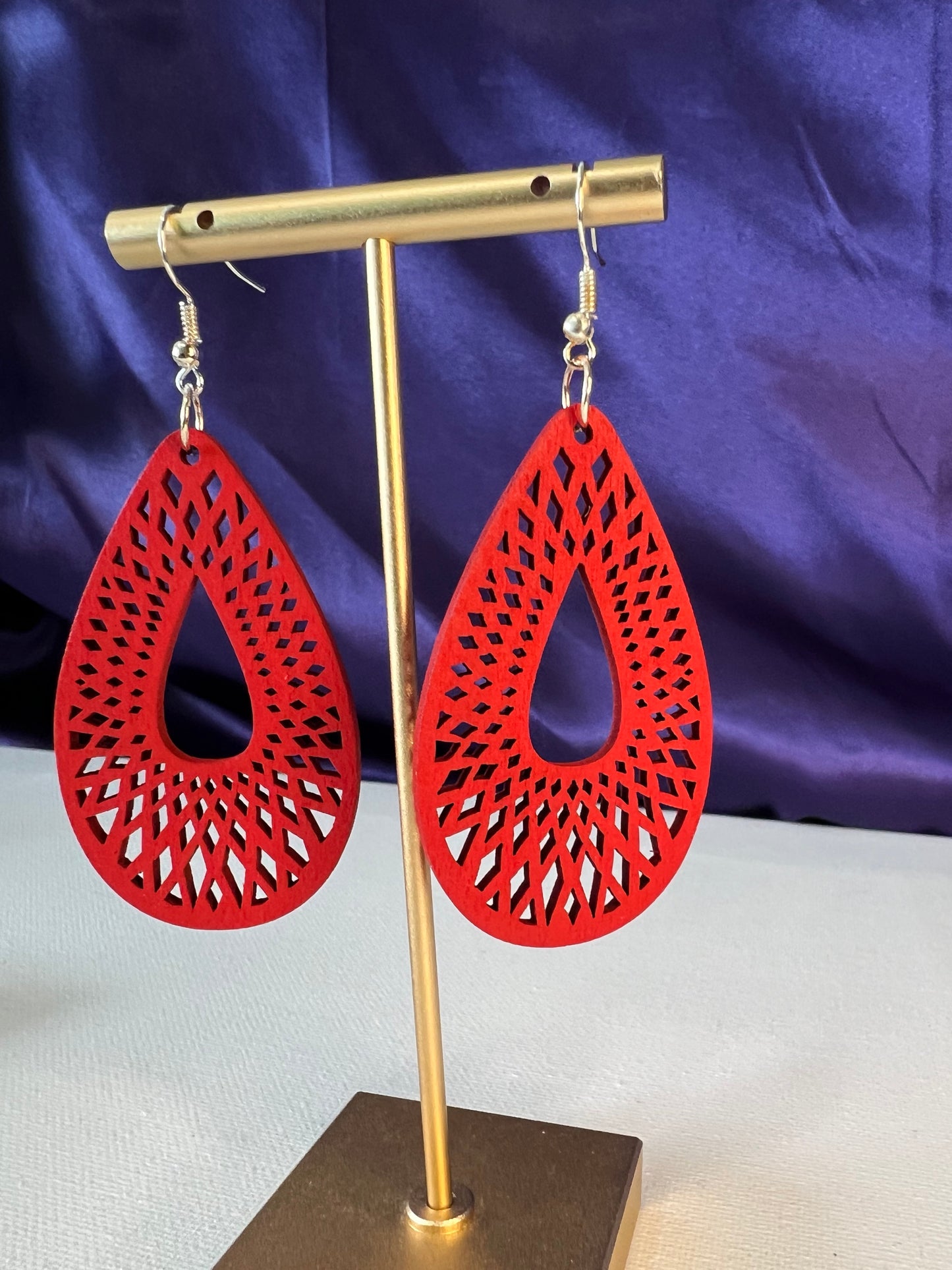 Red wood carved silver plated earrings