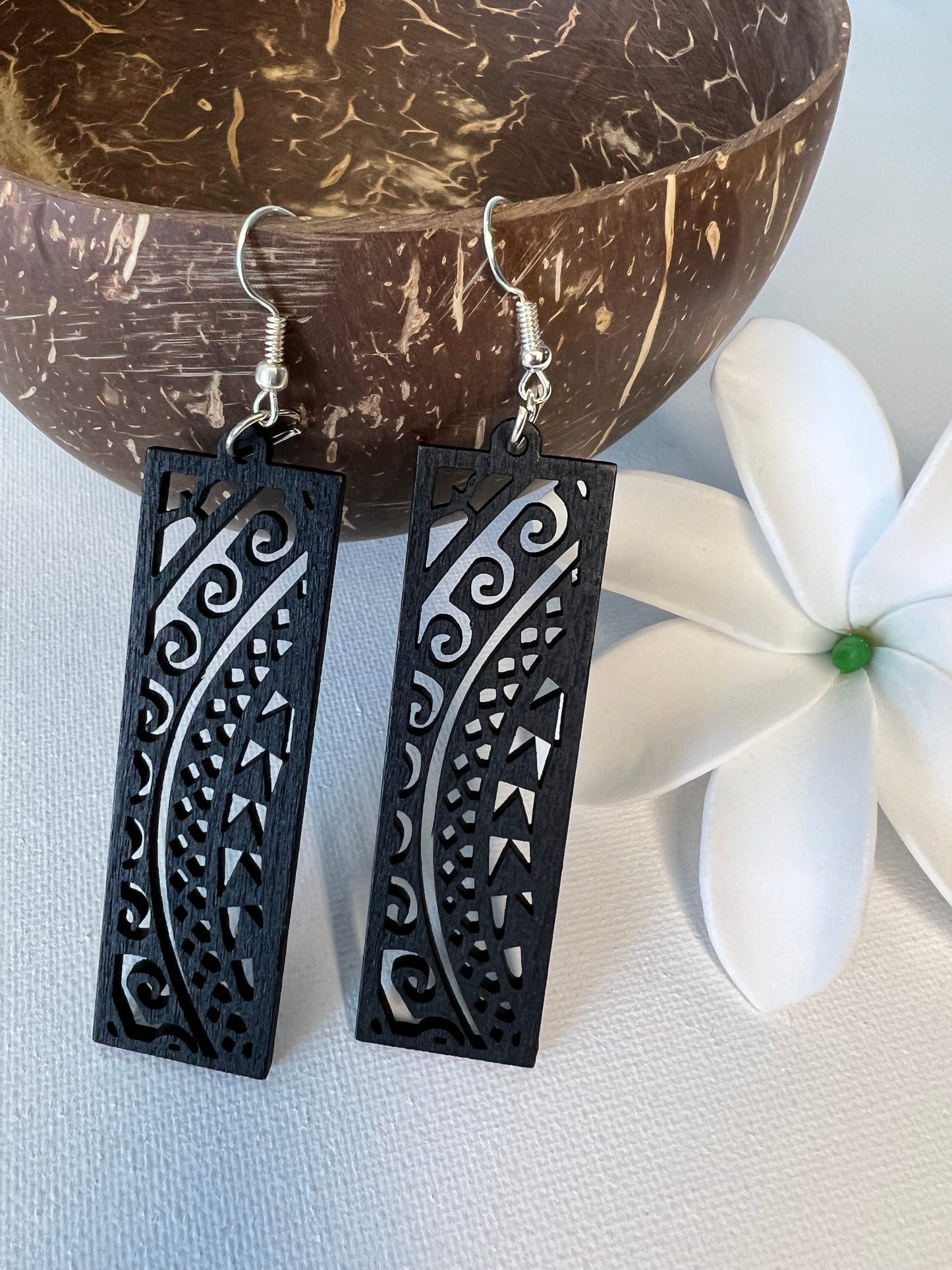 Black wood carved Polynesian design earrings